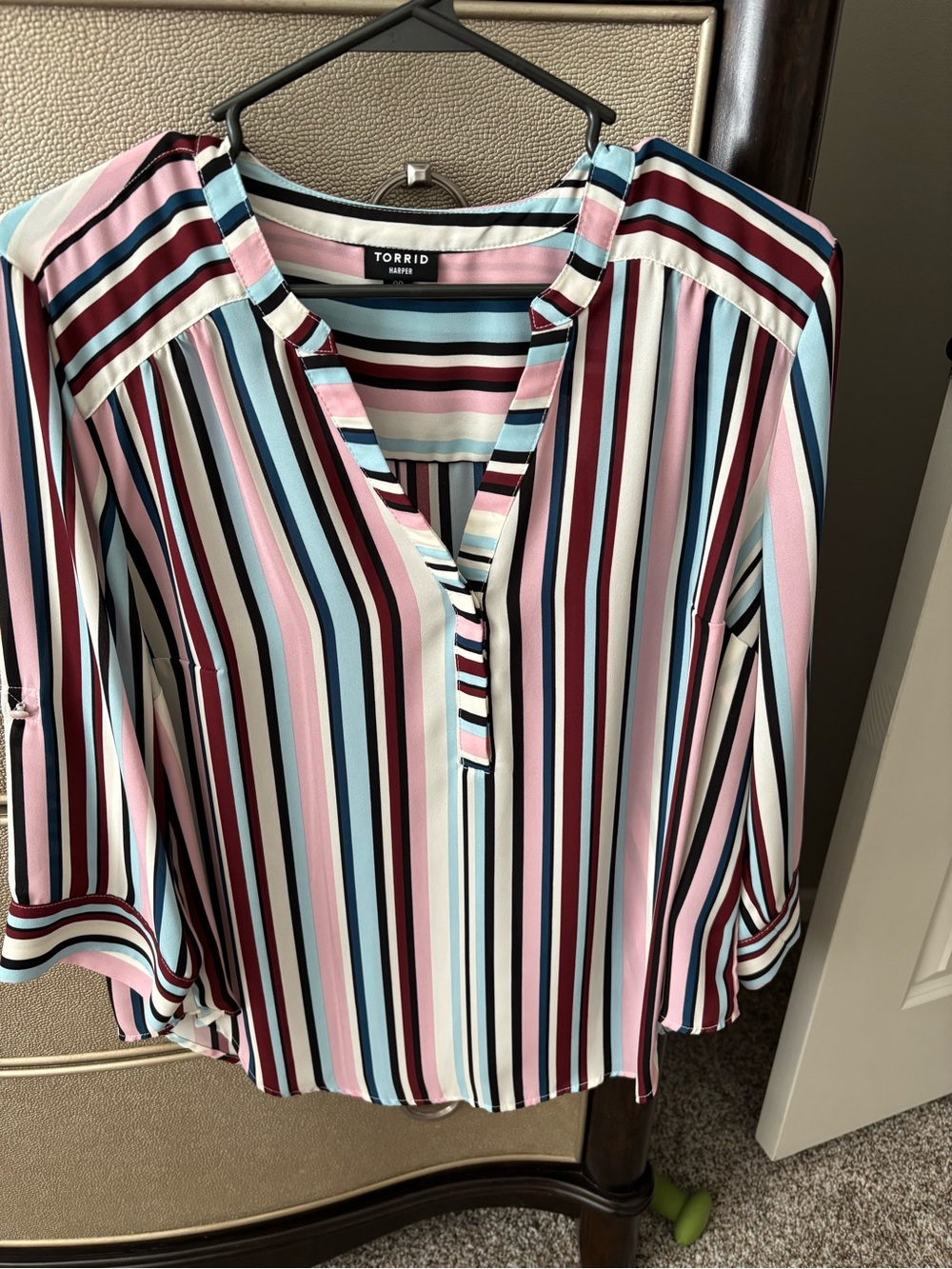 torrid Striped V-Neck Blouse in Pink, Blue & Burgundy